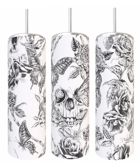 B&W Butterfly Skull Tumbler